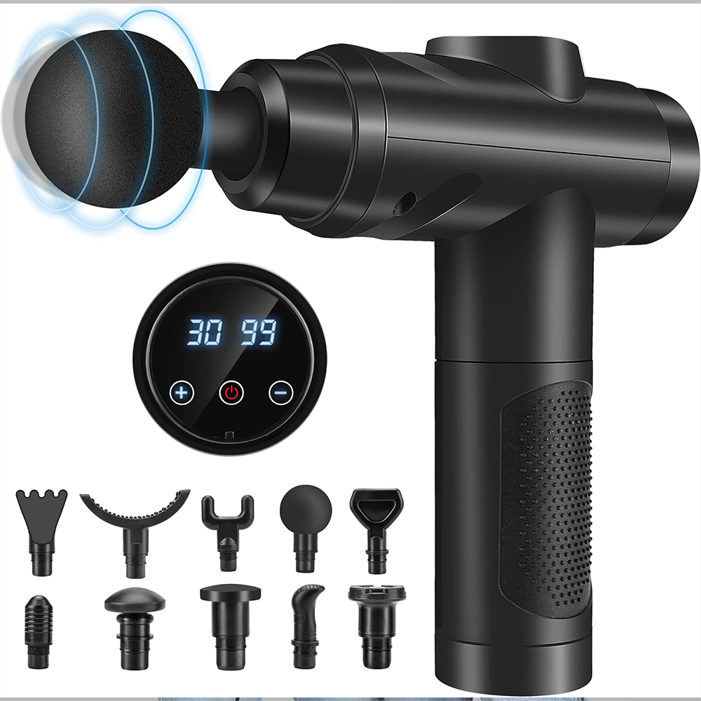 Massage Gun Deep Tissue – Quiet Percussion Massager with 30 Speeds, LCD Touch Screen & 10 Heads for Muscle, Back & Shoulder (Black)