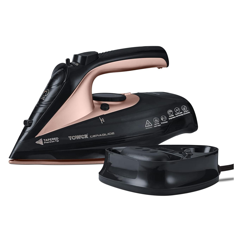 Tower T22008RG CeraGlide Cordless Steam Iron – Ceramic Soleplate with Variable Steam Functions, Black & Rose Gold