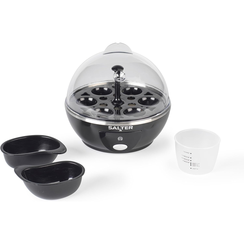 Salter Electric Egg Cooker – 6 Egg Capacity Boiler with Poaching Trays, Measuring Cup & Removable Rack, 430W Compact Design